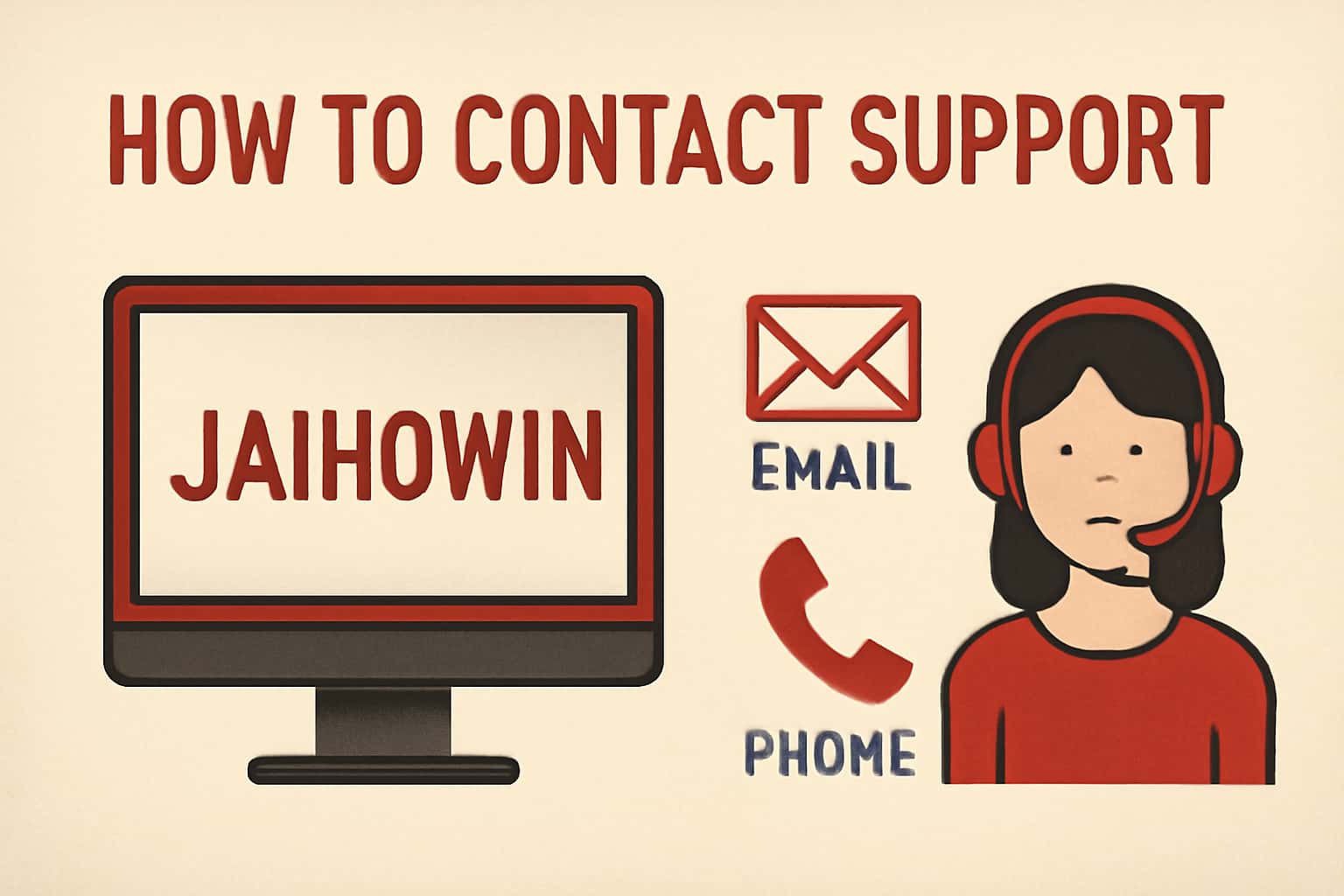 Informational scene highlighting Jaihowin Support contact methods.