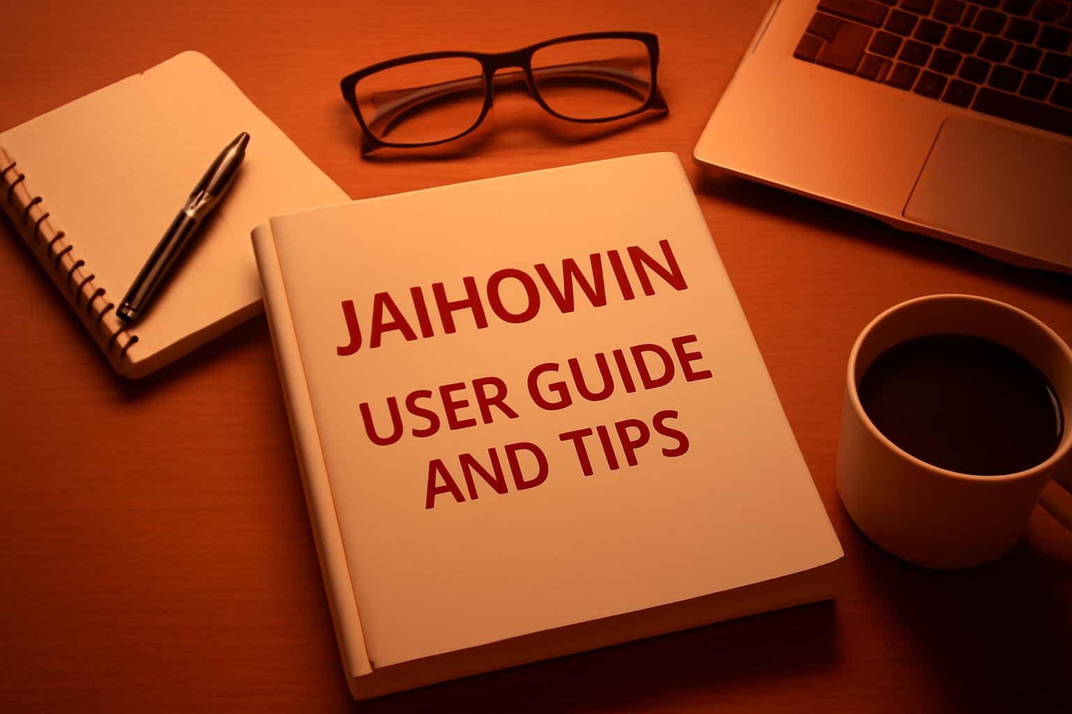A professional representation of the Jaihowin User Guide and Tips in a tech-inspired landscape setting.